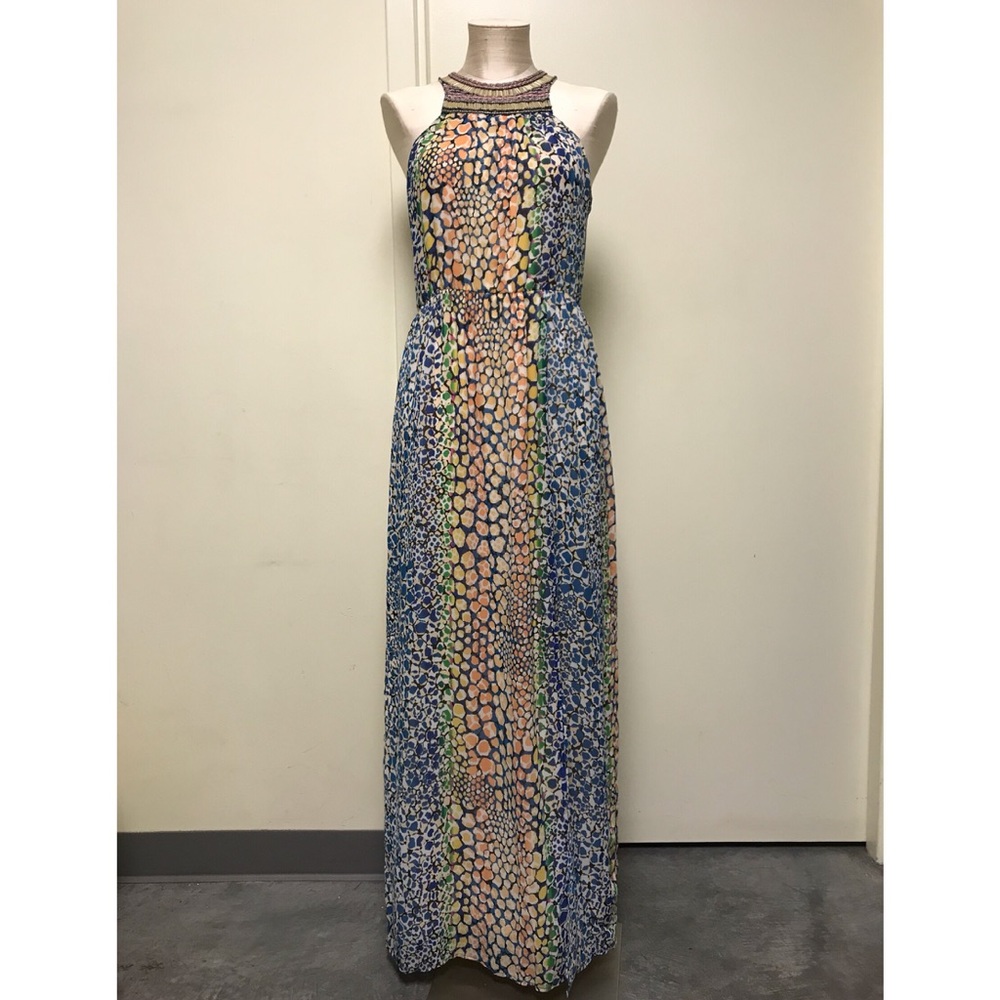 SIZE M Maxi Print Dress with Beaded Neckline